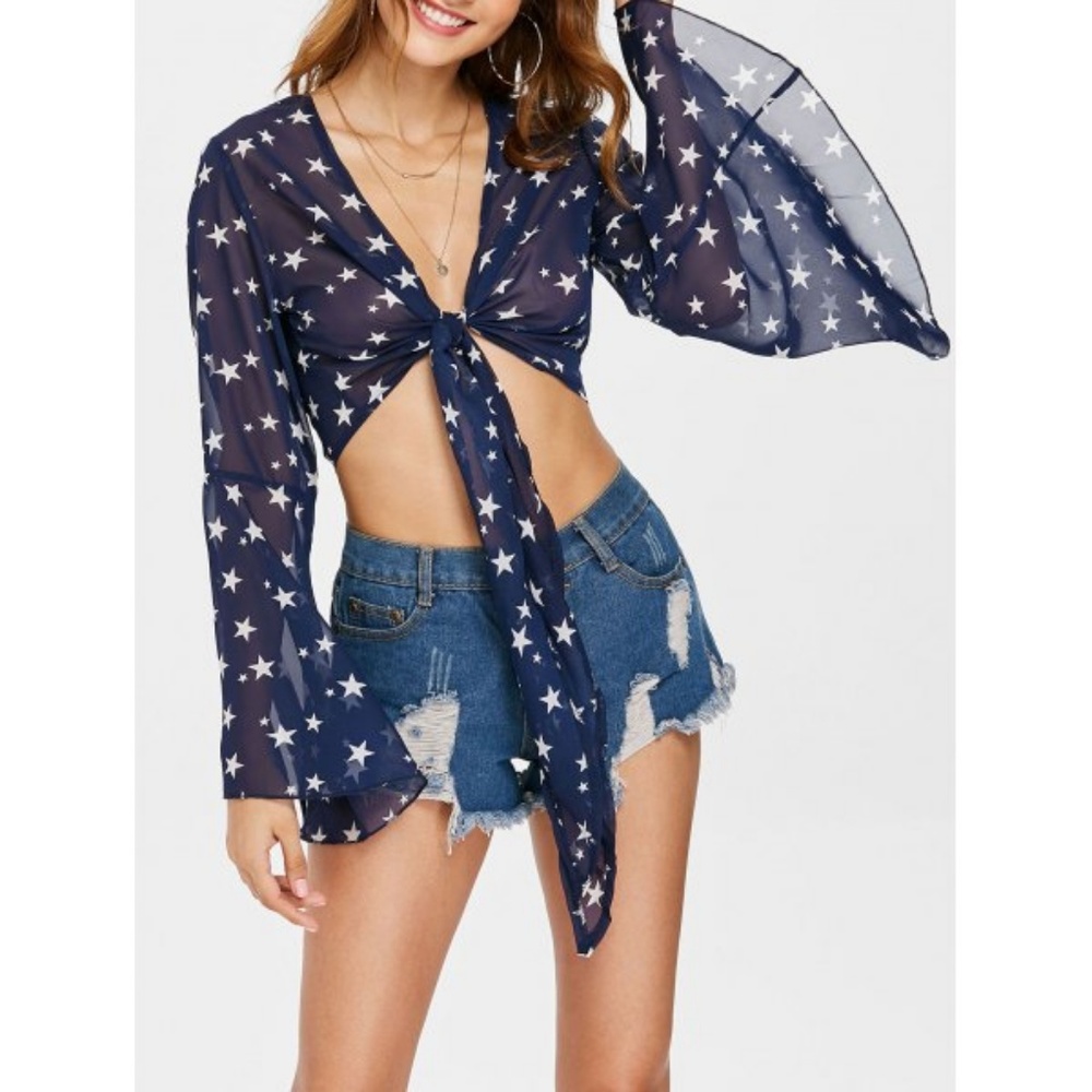 Starry Night Flare Sleeve Crop Top